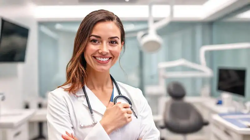 Dentista profesional, amigable y confiable en clínica moderna