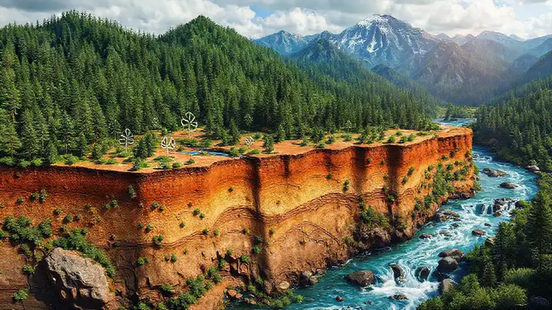 Paisaje natural con montañas, ríos y bosques