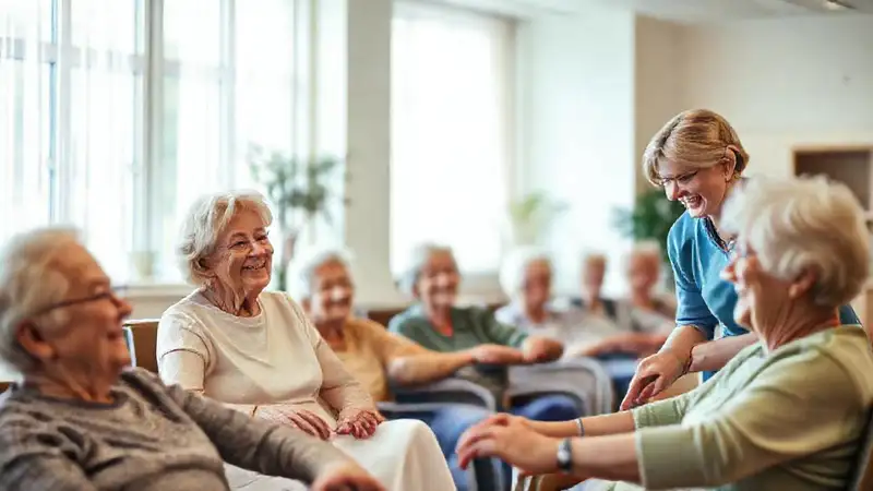 Abuelos felices en rehabilitación con terapeutas cuidadosos