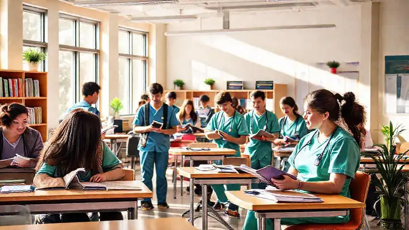 Campus universitario con estudiantes diversos y cálidos