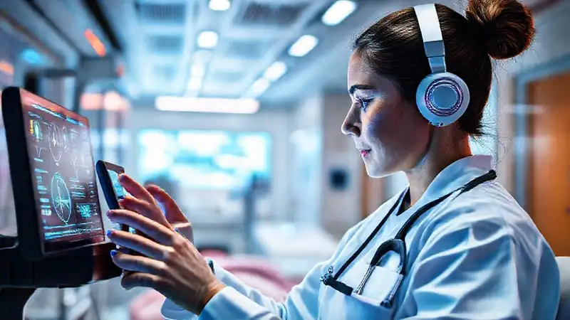 Enfermera con tecnología moderna cuida a paciente