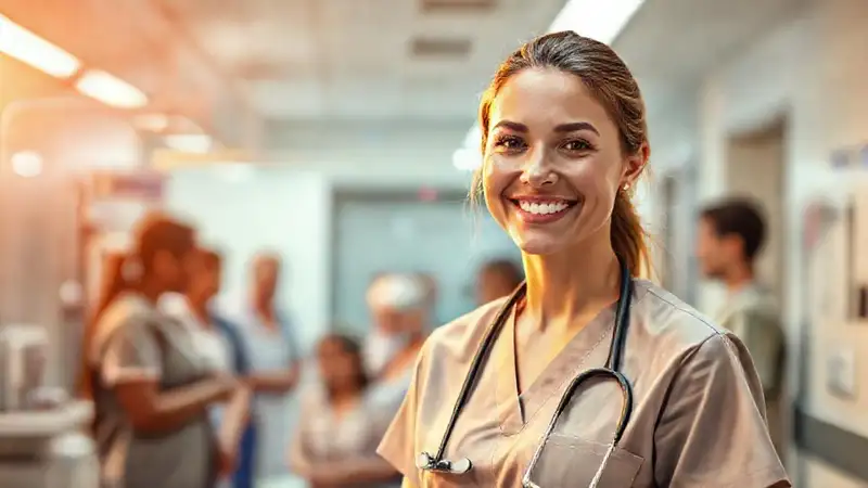 Enfermera sonriente ayuda a pacientes con cuidado