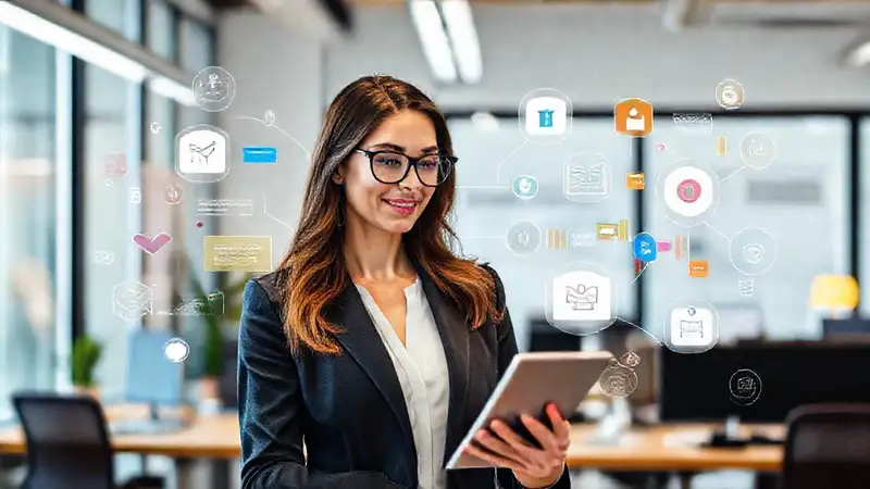 Mujer profesional conecta a través de redes digitales