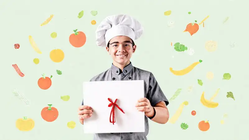 Estudiante con diploma, gorro y comida saludable