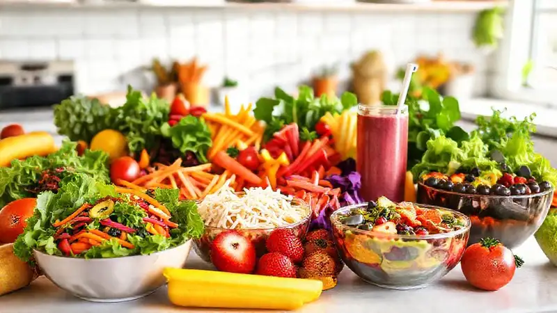 Alimentos saludables y vibrantes en cocina moderna