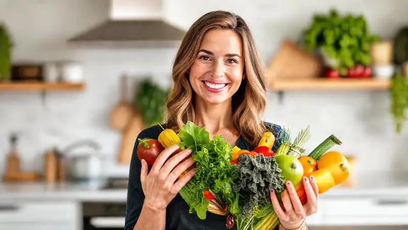 Nutricionista confiada con frutas en cocina moderna