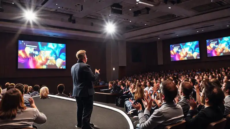 Orador confiado en escenario con audiencia atenta