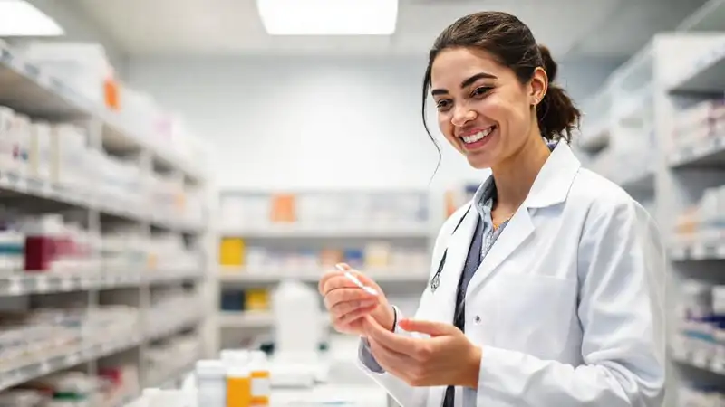 Estudiante en laboratorio farmacéutico trabajando con medicinas