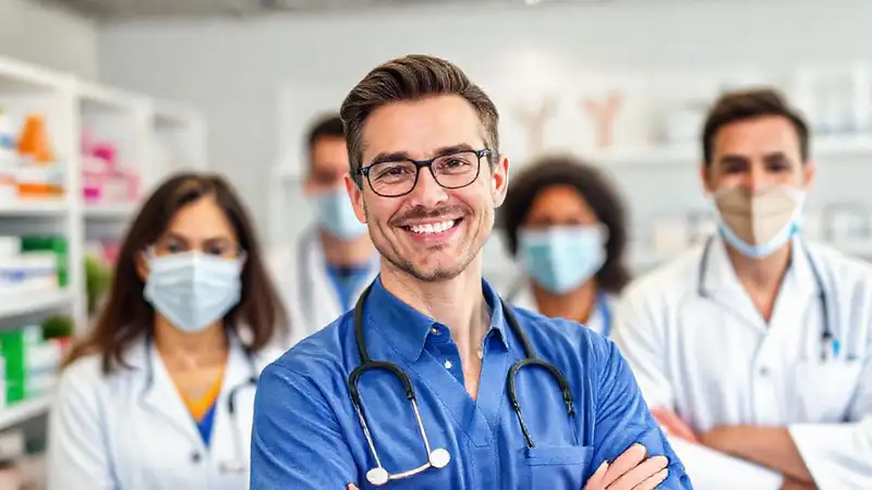 Profesional de farmacia en entorno moderno y diverso