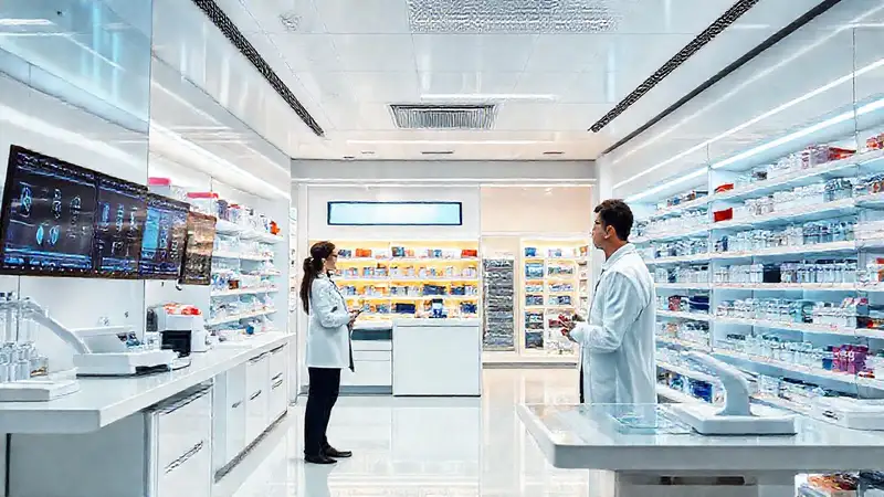 Farmacia moderna con tecnología avanzada y profesionalismo