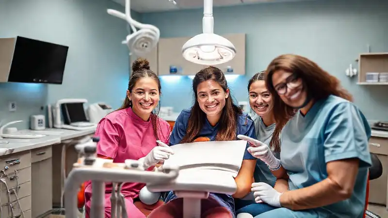 Estudiantes de odontología colaborando en equipo moderno