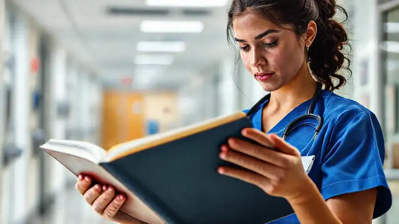 Estudiante de enfermería en hospital con herramientas