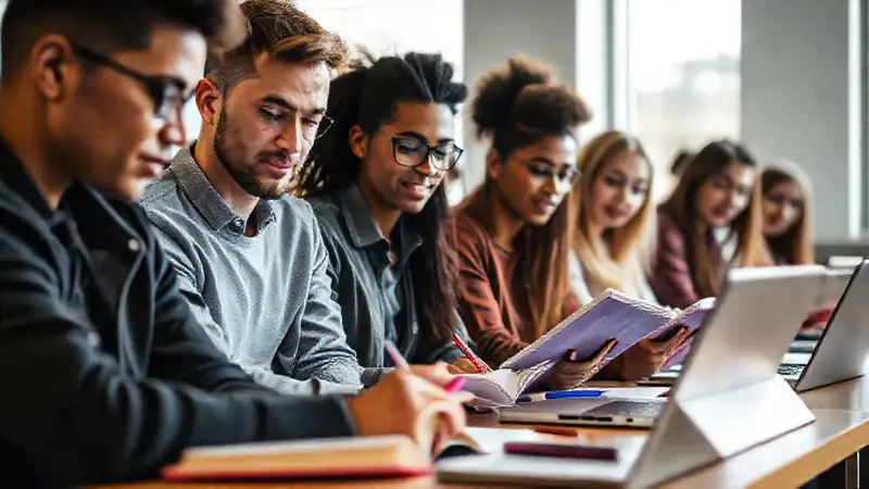 Estudiantes universitarios colaborando en aula moderna