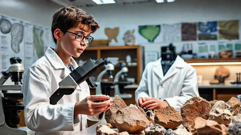 Estudiante analiza muestras en laboratorio geológico
