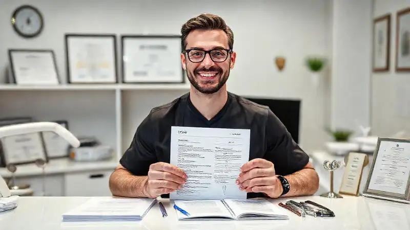 Odontólogo confiado con CV y premios visibles