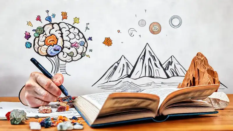Estudiante estudia geología con minerales y mapas