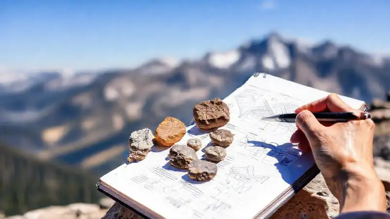 Cuaderno de notas geológicas con muestras y mapas