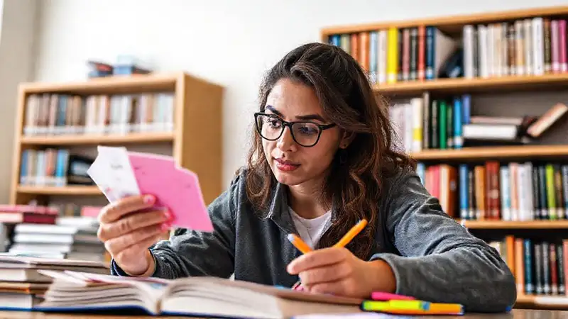Estudiante estudia con materiales organizados y coloridos