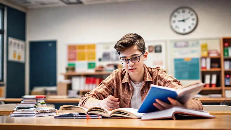Estudiante estudiando en aula moderna y organizada