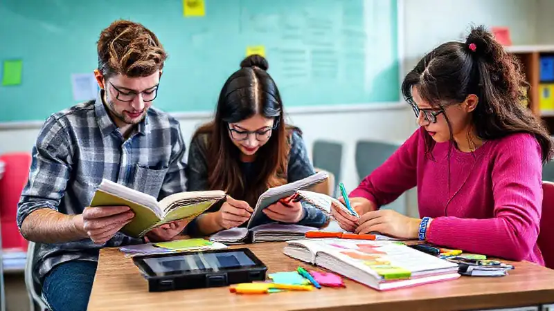 Estudiantes estudian con materiales y tecnología moderna