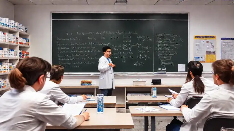 Clase universitaria con estudiantes y farmacéutico