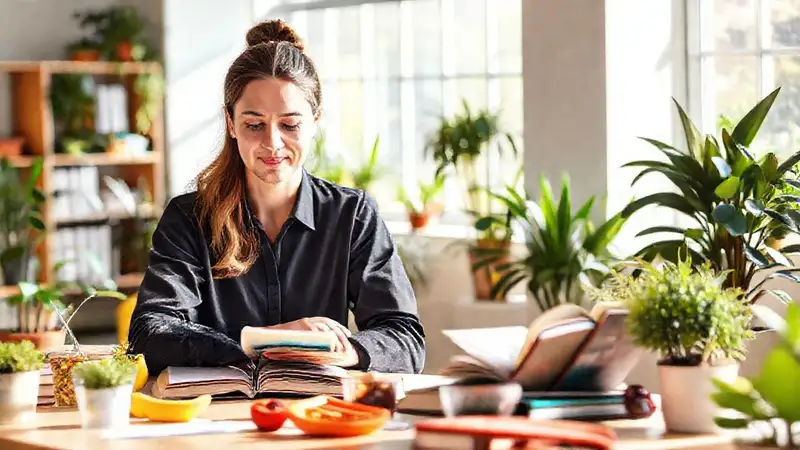 Nutricionista estudiando en un ambiente motivador