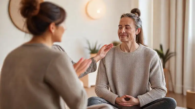 Terapeuta guía ejercicios para tranquilidad en ambiente sereno