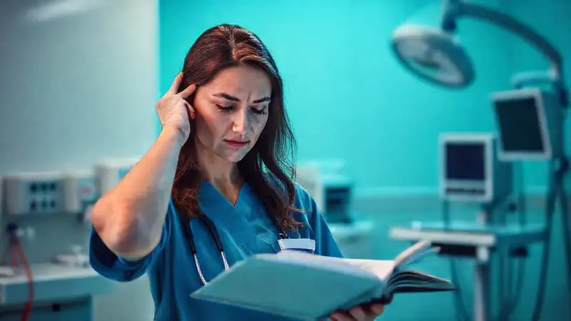 Enfermera tranquila en hospital estudiando y manejando estrés