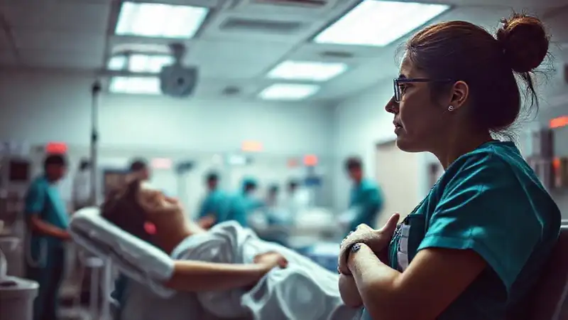 Enfermera calma a paciente en sala de emergencias