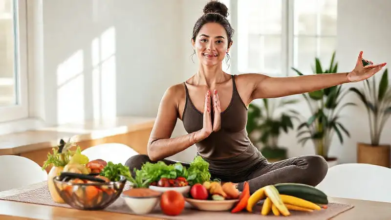 Mujer confiada practicando yoga en calma