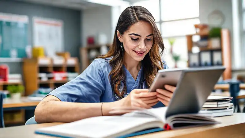 Enfermera estudiando con recursos digitales y físicos