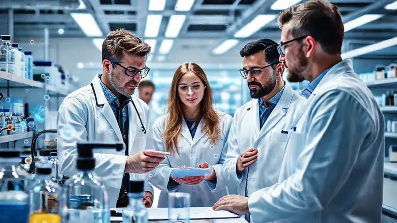 Equipo científico analizando datos en laboratorio moderno