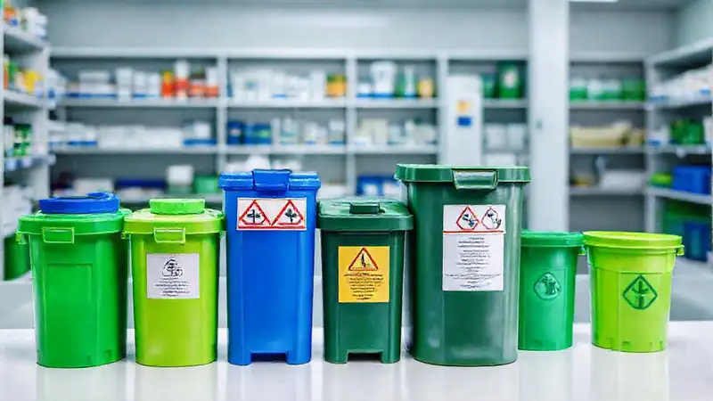 Contenedores, seguridad y símbolos en laboratorio químico