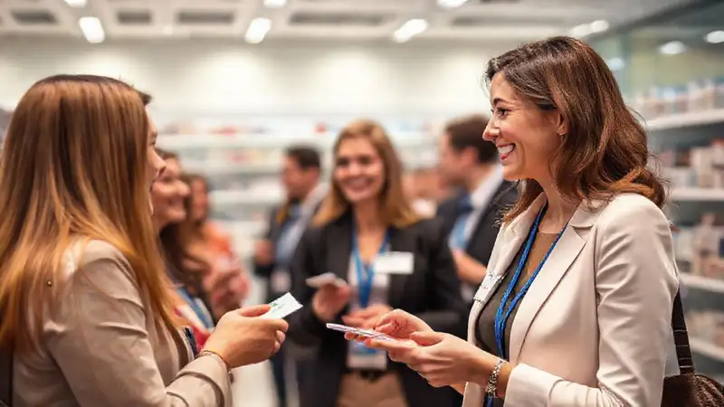 Mujeres profesionales intercambian tarjetas en farmacia