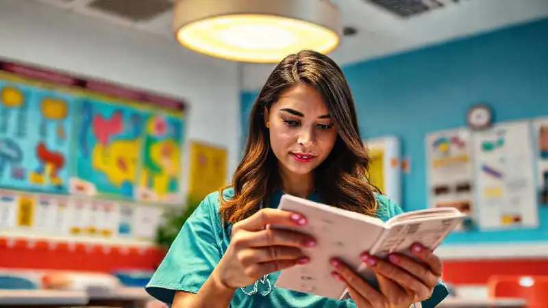 Estudiante de enfermería con tarjetas en aula moderna