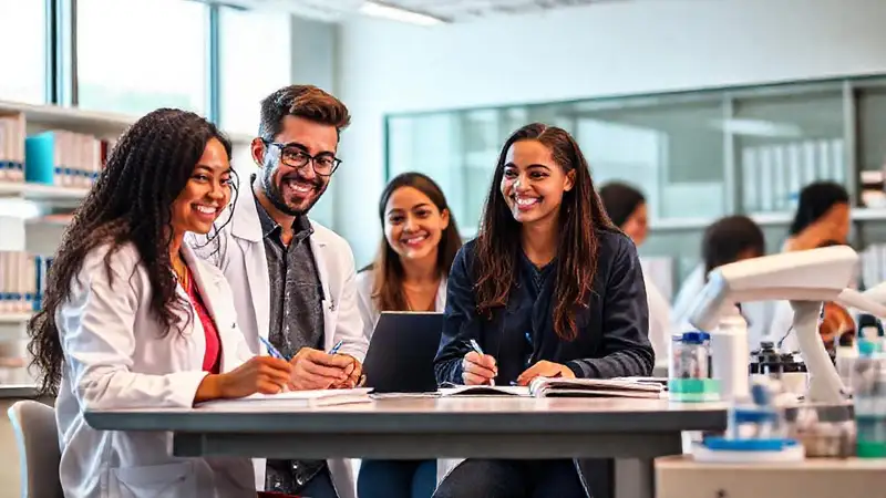 Estudiantes de farmacia felices en aula moderna