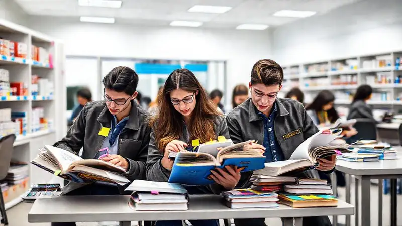 Estudiantes en farmacia aprenden con materiales coloridos