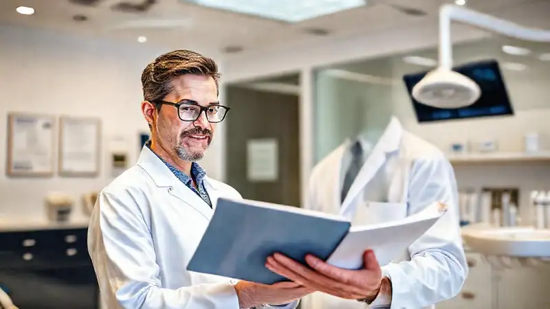 Dentista moderno en clínica limpia y profesional