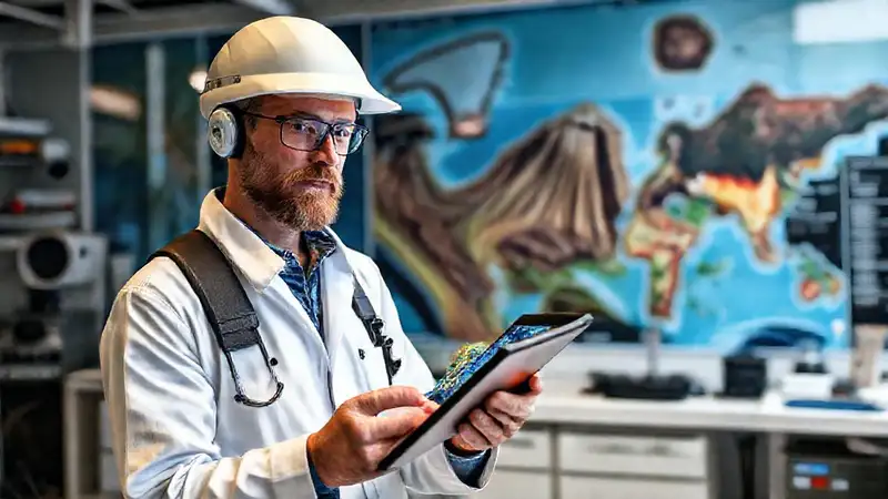 Geólogo con tecnología y formaciones geológicas modernas