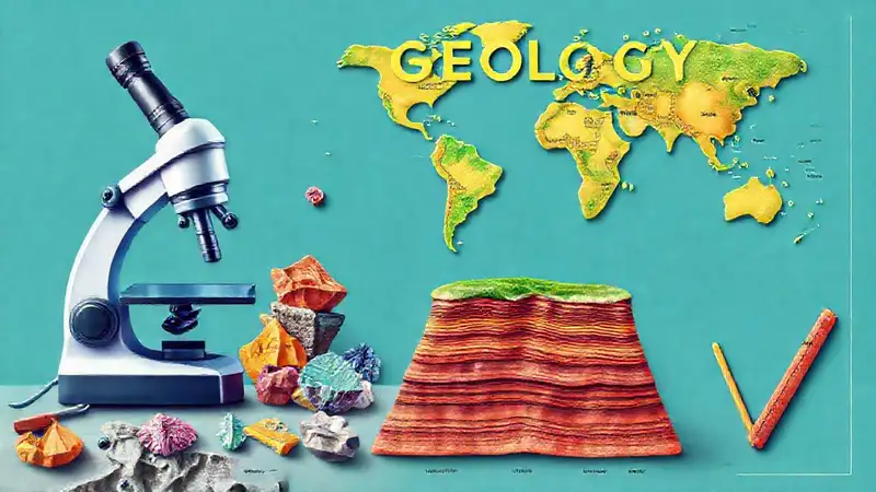 Carátula educativa de geología con herramientas y muestras