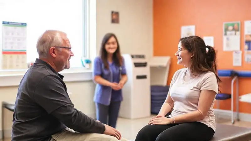 Sesión de fisioterapia con comunicación y apoyo