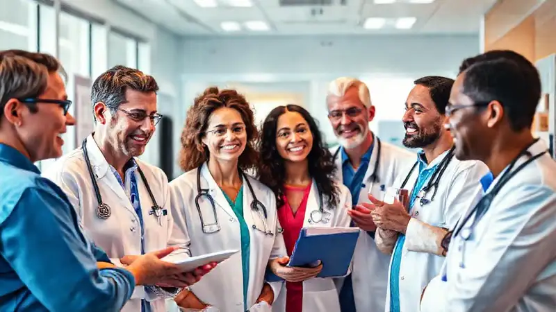 Equipo médico diverso colabora en clínica moderna
