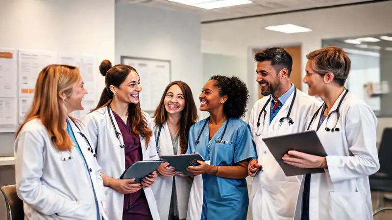 Equipo médico colaborando en clínica moderna y amigable