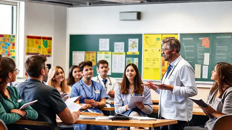Profesor de enfermería enseña a estudiantes atentos