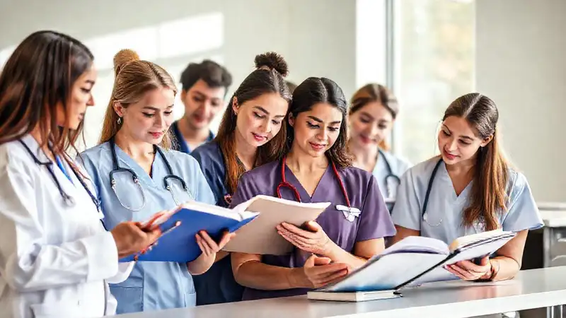 Estudiantes de enfermería estudiando en grupo