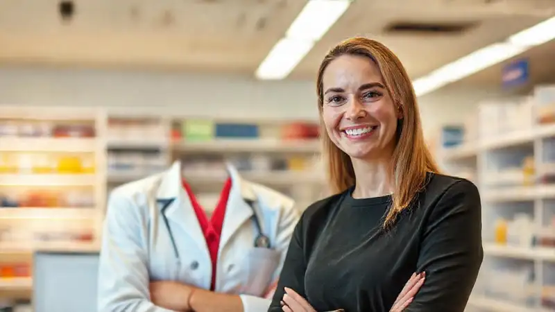 Farmacéloga confiada en entrevista en farmacia moderna