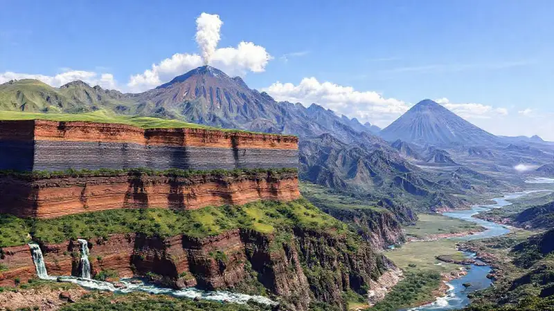 Paisaje natural con montañas, ríos y volcanes