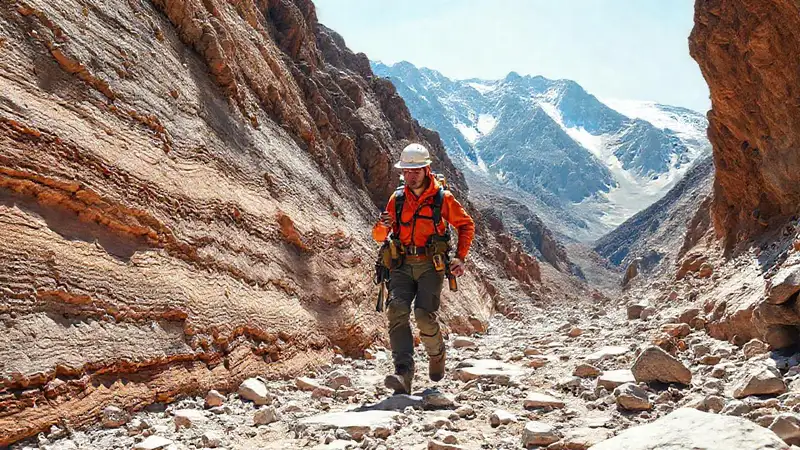 Geólogo explorando rocas en paisaje montañoso