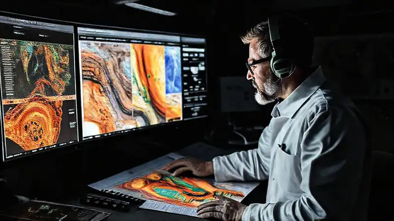 Geofísico analiza datos sísmicos con tecnología avanzada