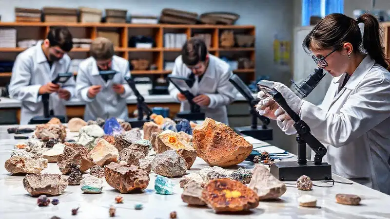 Laboratorio de geología con muestras y microscopios